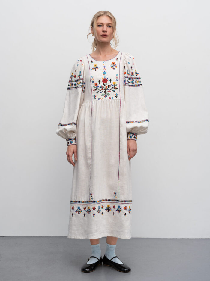 Etnodim Long embroidered linen dress with yavorivsky ornament Yaryna
