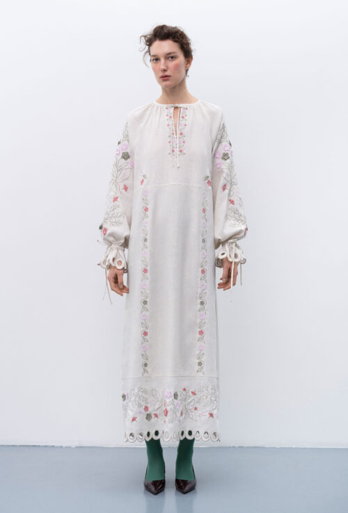 Etnodim Long linen embroidered dress with floral by the motives of Rozmay