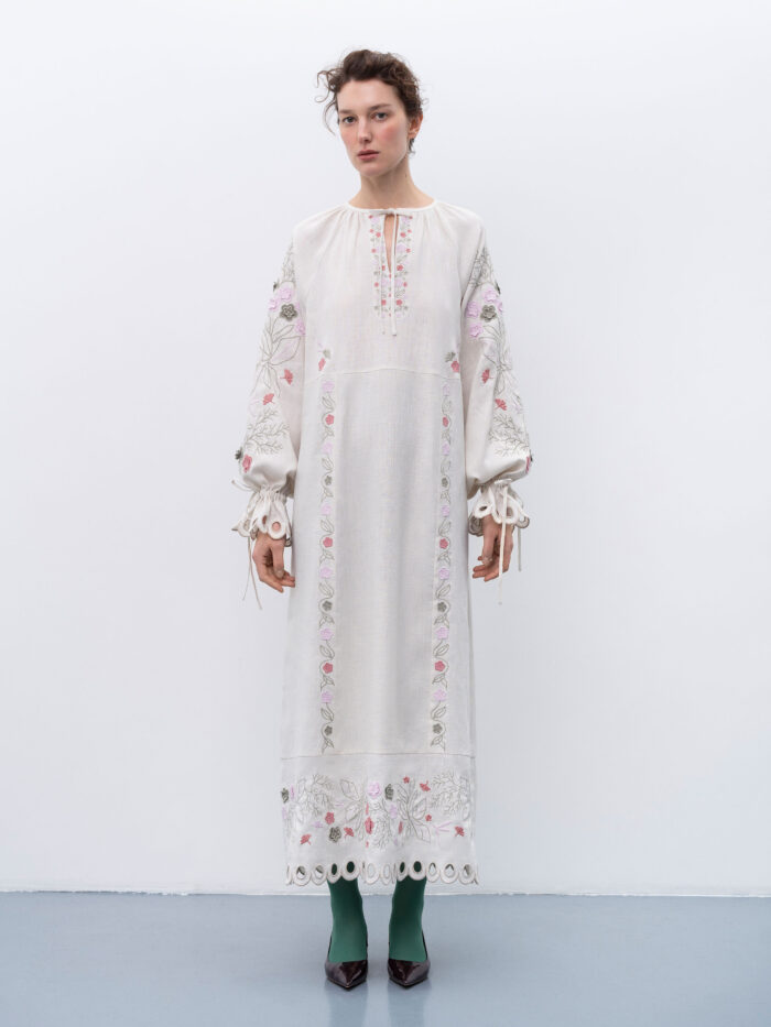 Etnodim Long linen embroidered dress with floral by the motives of Rozmay