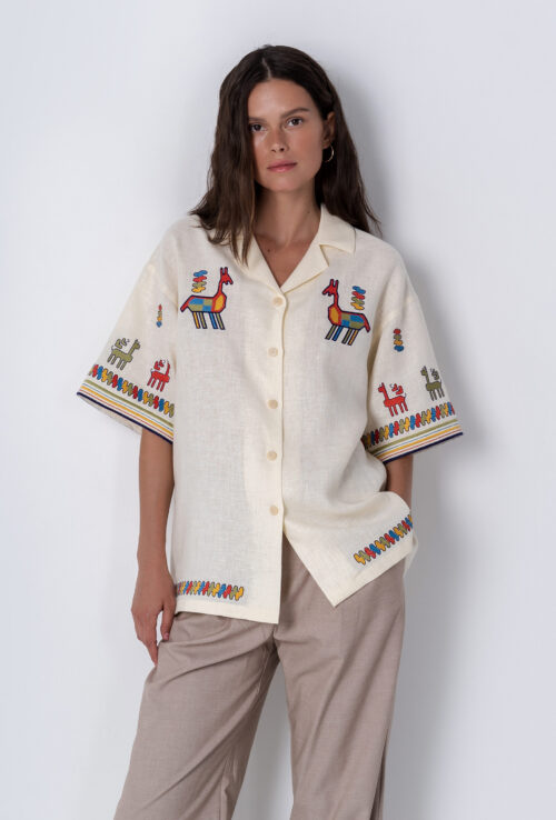 Etnodim Linen shirt with short sleeves and embroidery Konyk