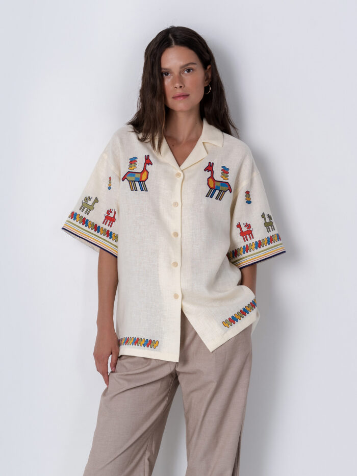 Etnodim Linen shirt with short sleeves and embroidery Konyk