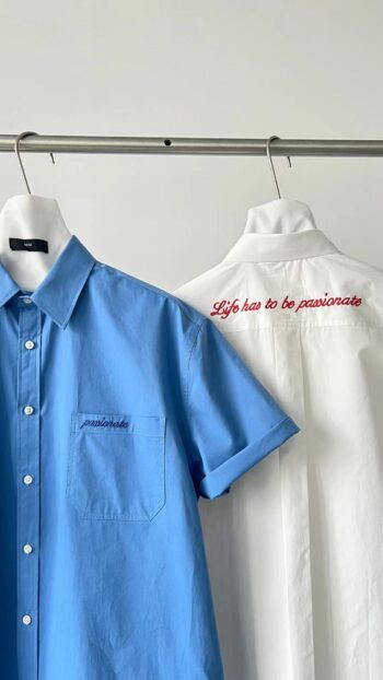 Turquoise Linen Shirt with Black Contrast Stitching