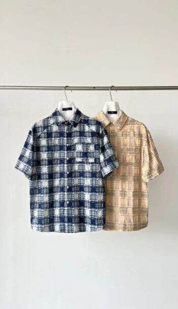 Beige shirt with multicolored woven square pattern