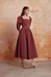 En&Ay Burgundy puff sleeves dress in taffeta